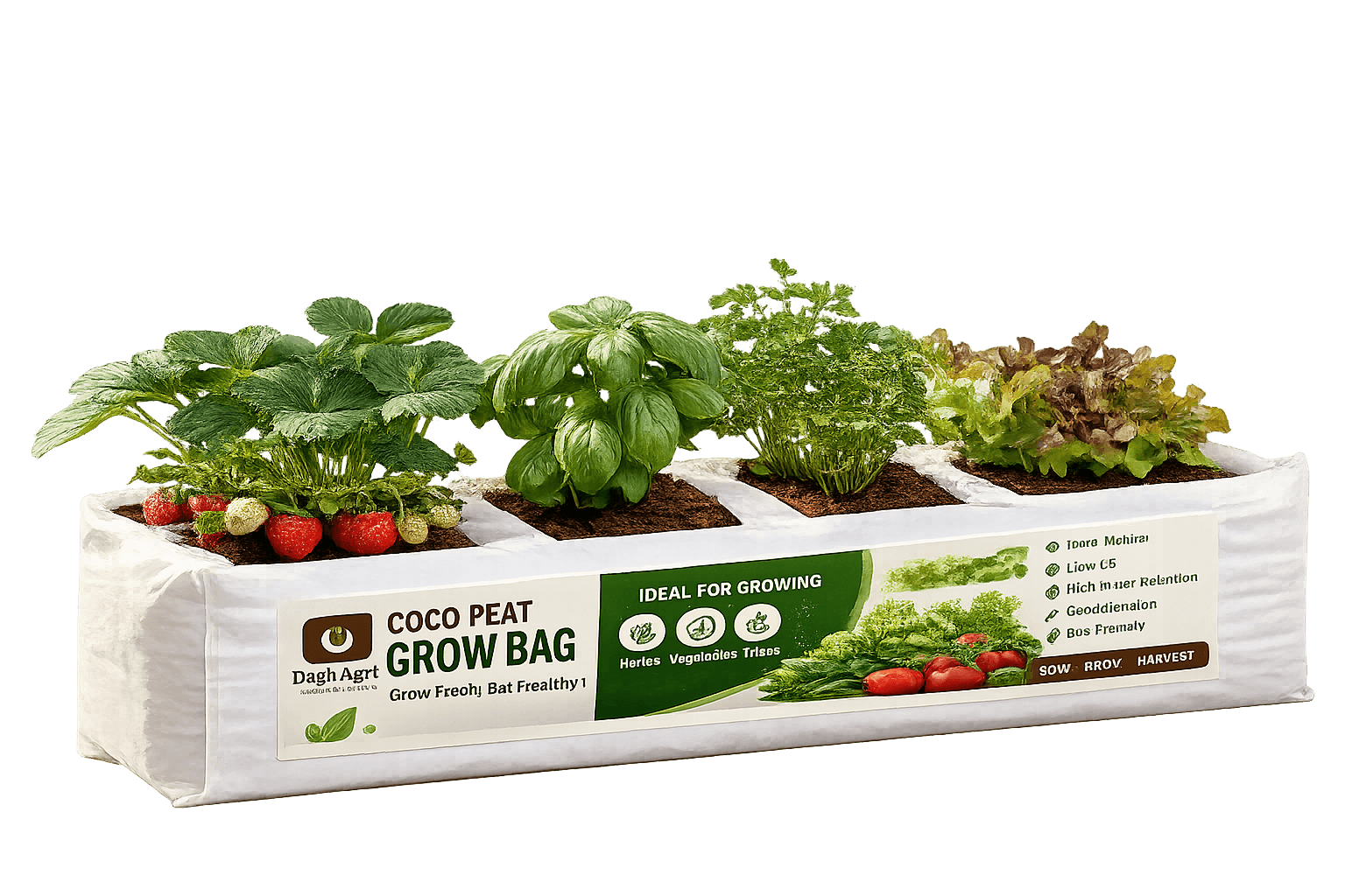 Dash Agri Coco peat grow bag — plain white poly, elongated format with herbs and vegetables growing from the substrate